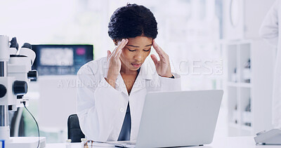 Buy stock photo Woman, scientist and headache with laptop in laboratory for forensic research, fail or mistake. Female person, healthcare worker or science with stress on computer for pressure or medical deadline