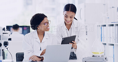 Buy stock photo Science, happy team and women with tablet in laboratory for chemistry, results or medical feedback. Scientist, collaboration and people with tech for innovation, research experiment and breakthrough