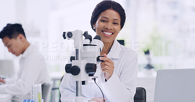 Buy stock photo Microscope, research and portrait with woman in lab for chemical study, medical and sample. Microbiology particles, discovery and vaccine experiment with scientist in clinic for cure and pharmacy