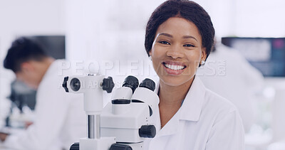 Buy stock photo Portrait, scientist and happy woman in laboratory with microscope, medical research and development. Smile, science and confident person with microbiology equipment, professional and career pride