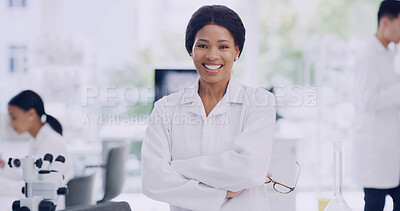 Buy stock photo Portrait, scientist and woman in laboratory with arms crossed, medical research and development. Smile, science innovation and person with glasses, microbiology professional and confidence for career