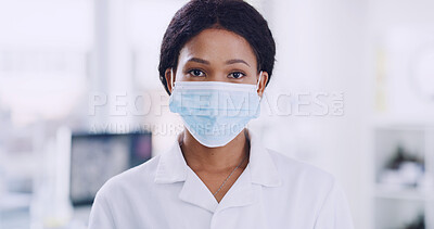 Buy stock photo Face mask, portrait and science with black woman in laboratory for medicine development or research. Healthcare, pharmaceuticals and ppe with doctor or scientist at work for medical engineering
