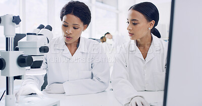 Buy stock photo Medical, results or people in clinic with microscope, check or examination in vaccine development. Collaboration, tech or scientist in lab with equipment, analysis or research in pharmaceutical study