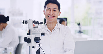 Buy stock photo Science, lab and portrait of man with microscope for study, medical research and vaccine development. Happy, pharmaceutical job and scientist with equipment for medicine, experiment and breakthrough