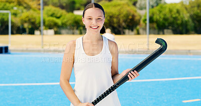 Buy stock photo Portrait, hockey and happy girl on field for fitness, sports and competition outdoor for health. Woman, athlete and player with stick for training, smile and confidence for exercise in Canada