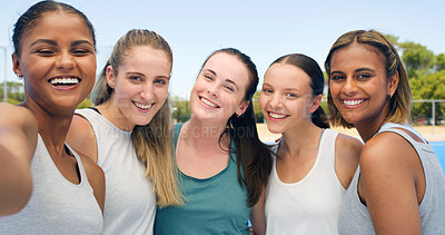 Buy stock photo Exercise, selfie and teamwork with women on hockey court together for game, match or solidarity. Fitness, portrait photograph or training with group of friends outdoor at venue for memory picture POV