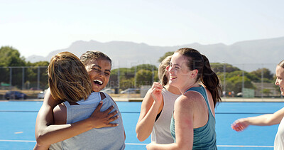 Buy stock photo Hockey, team and women with hug on pitch for match win, practice performance and training progress. Sport, fitness and happy players with embrace outdoor for game achievement, success and well done