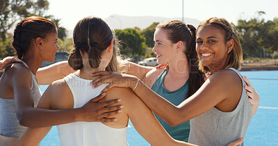 Buy stock photo Fitness, huddle and teamwork with women on hockey court together for game, match or solidarity. Circle, exercise and training with group of friends outdoor at venue for health, support or wellness