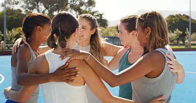 Buy stock photo Exercise, huddle and teamwork with women on hockey court together for game, match or solidarity. Circle, fitness and training with group of friends outdoor at venue for health, support or wellness