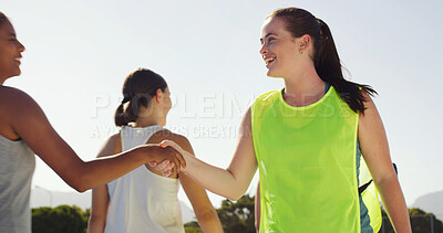 Buy stock photo Happy women, sport or handshake with greeting for thank you, done or finished outdoor match. Active, female people or players shaking hands with smile for good game, friendly competition or challenge