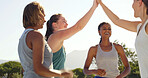 Team, motivation or women outdoor with high five, support or group preparation for training match. Sport, friends or athlete in park with hands together, collaboration or solidarity for competition.