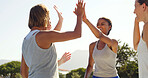 Fitness, team or women in park with high five, support or group preparation for training match. Sport, friends or athlete outdoor with hands together, collaboration or solidarity for competition.