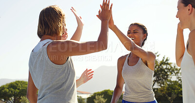 Buy stock photo Fitness, team or women in park with high five, support or group preparation for training match. Sport, friends or athlete outdoor with hands together, collaboration or solidarity for competition.