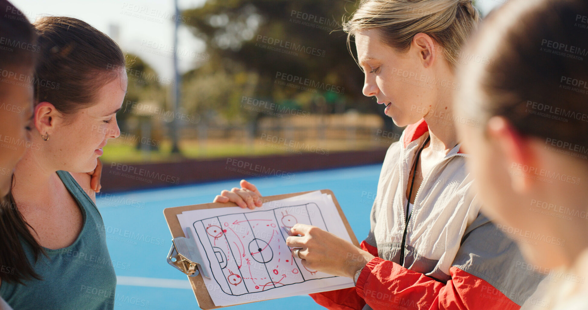 Buy stock photo Coach, strategy and clipboard with team outdoor for hockey match, tournament or competition. Sports manager, people or pointing to game plan on turf for tactical feedback, formation and instructions.