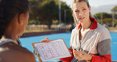 Buy stock photo Coach, explain strategy with clipboard to team outdoor for hockey match, tournament or competition. Sports manager, people or talk with game plan on turf for tactical info, formation or instructions.