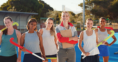 Buy stock photo Portrait, hockey team and coach outdoor with smile for tournament, competition or practice. Happy people, manager or college athlete on turf with equipment for sports game, training or collaboration.