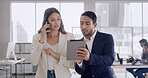 Phone call, teamwork and business people with tablet, discussion and planning with assistance. Employees, help and woman with cellphone, man and tech with email, deadline and connection with app