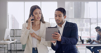 Buy stock photo Phone call, teamwork and business people with tablet, discussion and planning with assistance. Employees, help and woman with cellphone, man and tech with email, deadline and connection with app