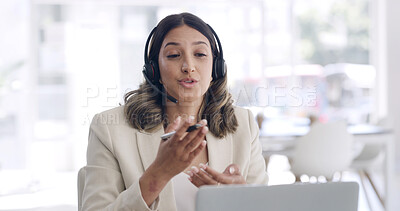Buy stock photo Woman, laptop and headset with consulting, talk and legal advisory services with virtual meeting. Person, computer and online discussion with insight, policy or review case with feedback at law firm