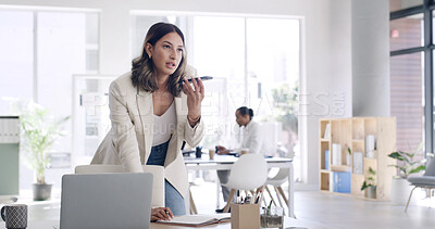 Buy stock photo Creative, woman and phone for audio message with editor feedback, schedule update and contact source. Person, laptop and voice recording for article advice, project reminder and chat for publication