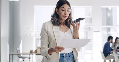 Buy stock photo Phone call, paperwork and woman talking in office, renewal agreement or deal negotiation for client. Coworking, mobile and contract manager speaking with document, feedback or changes for partnership