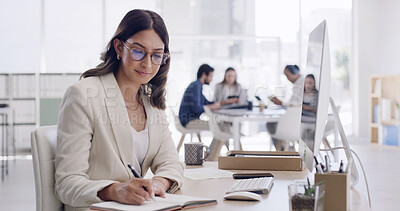 Buy stock photo Business woman, journalist or writing with book in office for agenda, tasks or ideas. Female person, employee or journalism with diary or computer for schedule report or company feedback in workplace