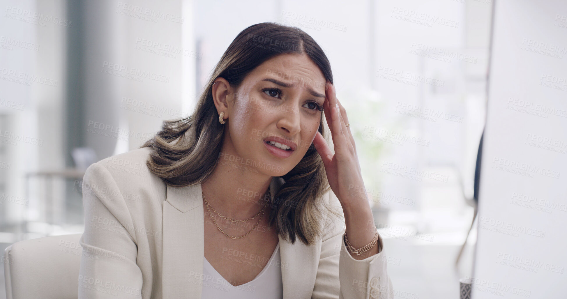 Buy stock photo Woman, burnout and stress in office with technology glitch, network error and business issue. Frustrated, person or computer in workplace with mistake, connection fail or internet problem in company.