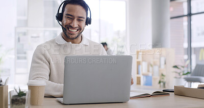 Buy stock photo Happy, businessman and agent with headset on laptop for online advice or customer service in office. Man, employee or consultant with smile on computer for virtual assistance or support in workplace