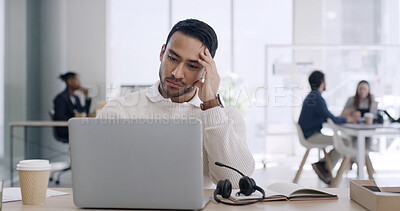 Buy stock photo Tired, call center and man in agency with laptop, fatigue and upset in online help. Mental health, space and employee in workplace with technology, exhausted and burnout in customer service.