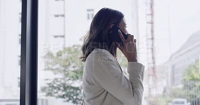 Buy stock photo Business woman, phone call and window with negotiation for company proposal or chat in office. Female person, employee or talking with mobile smartphone for communication or discussion in workplace