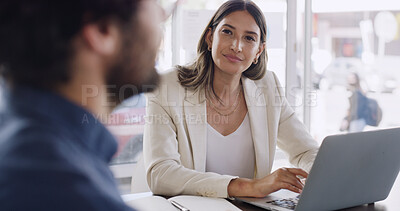 Buy stock photo Laptop, advisor and client by window for consultation, investment discussion or planning for risk management. Financial assessment, explaining and woman with man in office, tech and advice for growth