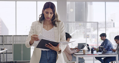 Buy stock photo Business, stress and woman in office, documents and audit for company finance, fail and fraud. Person, employee and consultant in workplace, thinking and report for debt, corruption and profit error