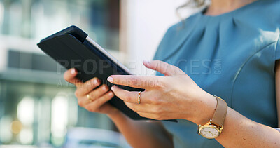 Buy stock photo Digital, hands or businesswoman in city with tablet, schedule change or online networking on walk. Communication, check or consultant outdoor with tech, email update or stakeholder chat during break.