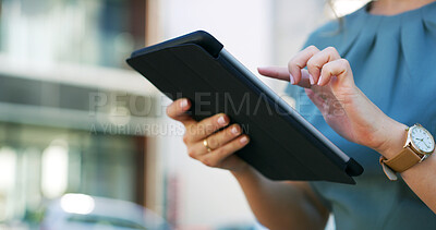 Buy stock photo Digital, hands or businesswoman in town with tablet, schedule change or online networking on walk. Communication, check or consultant in city with tech, email update or stakeholder chat during break.