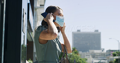 Buy stock photo Thinking, businesswoman and mask in city for bacteria protection, safety and spread of infection. Reflection, PPE and female person outdoor in urban town for virus, pollution and disease prevention.
