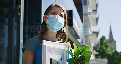 Buy stock photo Dismissal, mask or businesswoman with box in city, contract termination or unemployment for disappointment. Layoff, personal belonging and worried person outdoor for career setback, jobless and upset