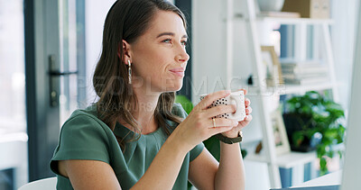 Buy stock photo Coffee, woman and research on computer in office for news story, proofreading draft or fact checking. Tea, journalist and smile with tech at media agency for editor feedback and submission approval