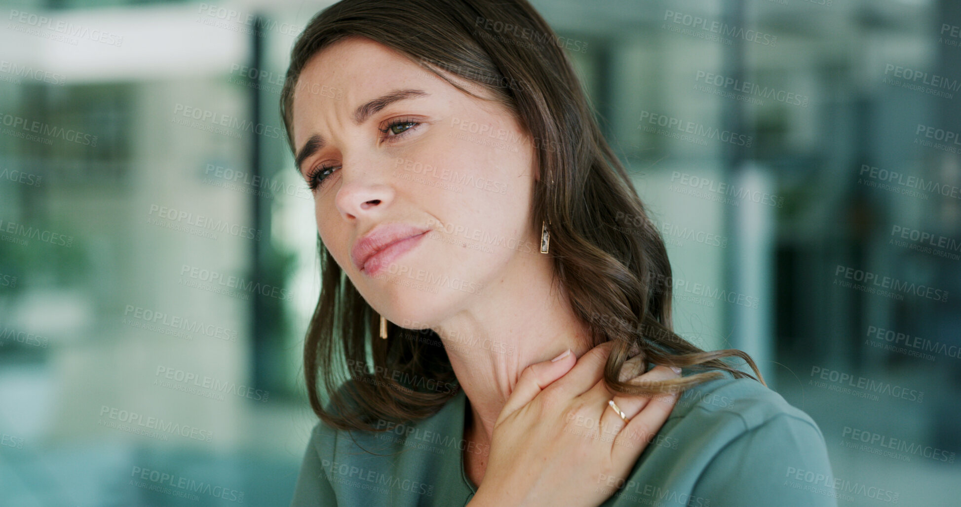 Buy stock photo Frustrated woman, neck pain and injury with stress in office for muscle tension or discomfort. Female person, employee or sore shoulder with strain for accident, pressure or bad posture in workplace