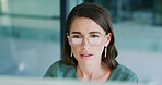 Reading, confused and businesswoman in office with computer for research with creative project. Technology, glasses and female copywriter with mistake for article publishing with error in workplace.