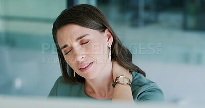 Buy stock photo Corporate, neck pain or woman in office with massage, burnout or joint inflammation in injury. Tendinitis, frustration or employee in agency with tension, muscle strain or fatigue in task management