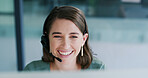 Smile, call center and woman with computer for customer service, language translation or crm. Headset, happy agent and person in office with feedback, multilingual support and contact us at help desk