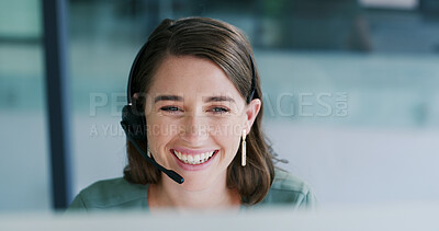 Buy stock photo Smile, call center and woman with computer for customer service, language translation or crm. Headset, happy agent and person in office with feedback, multilingual support and contact us at help desk