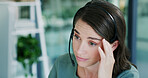 Frustrated woman, consultant and headache with headset in office for difficult customer or mistake. Female person, agent or migraine for overworked strain, pressure or mental health in workplace