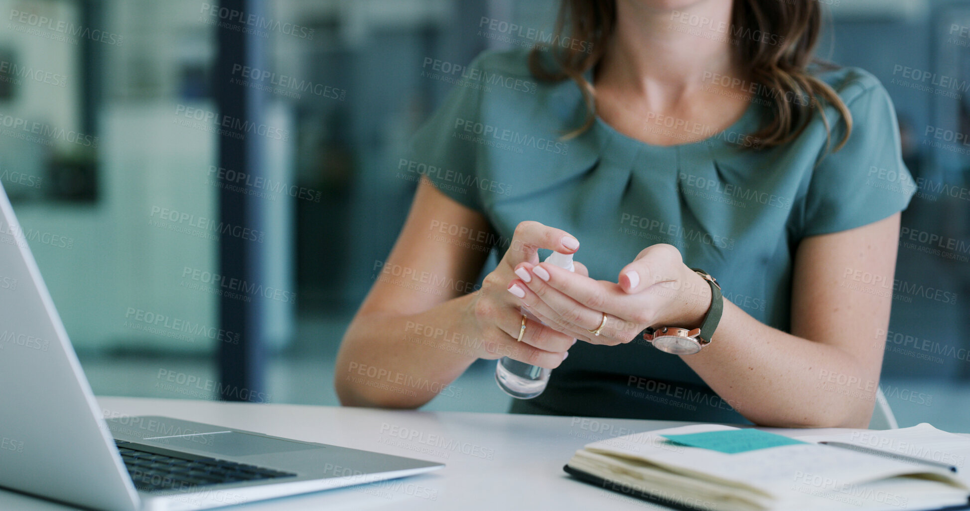 Buy stock photo Hands, sanitizer and spray bottle with business woman at desk in office for protection or safety. Bacteria, cleaning and disinfection with employee person at work for prevention or responsibility