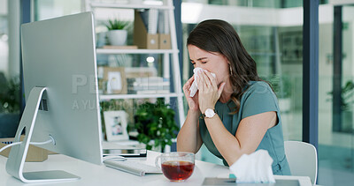 Buy stock photo Sick, blowing nose and woman in office with tea, ease congestion or antioxidant benefit for allergy season. Health, tech or employee in agency with warm drink, virus or immune support for viral flu.