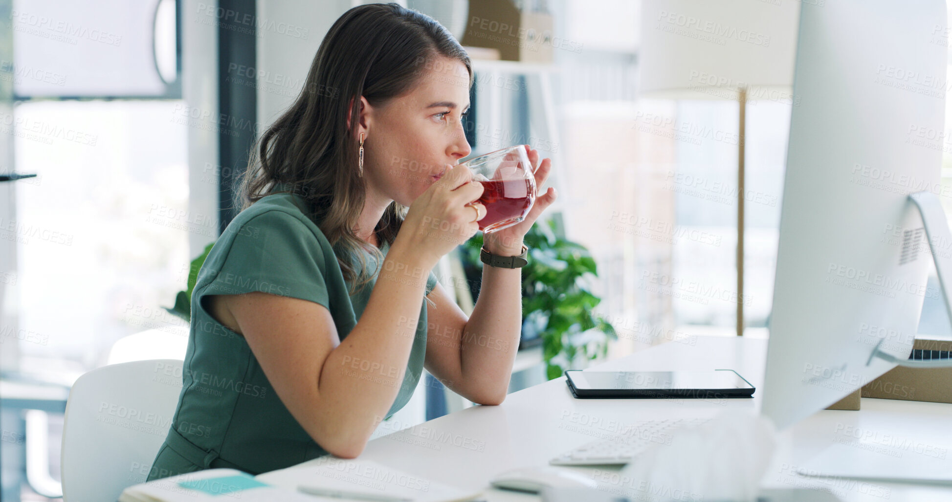 Buy stock photo Tea, business woman or computer with reading for article review, proofreading or fact checking. Beverage, editor and tech at agency for editing submission, editorial insight and publication research