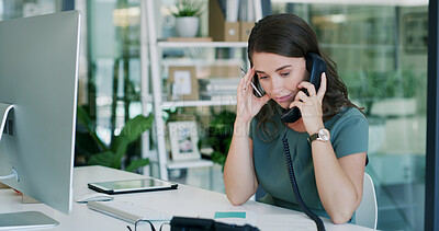 Buy stock photo Telephone call, stress and business woman in office, work pressure or schedule error. Headache, landline or receptionist talk to contact with admin mistake, poor communication or complaint in company
