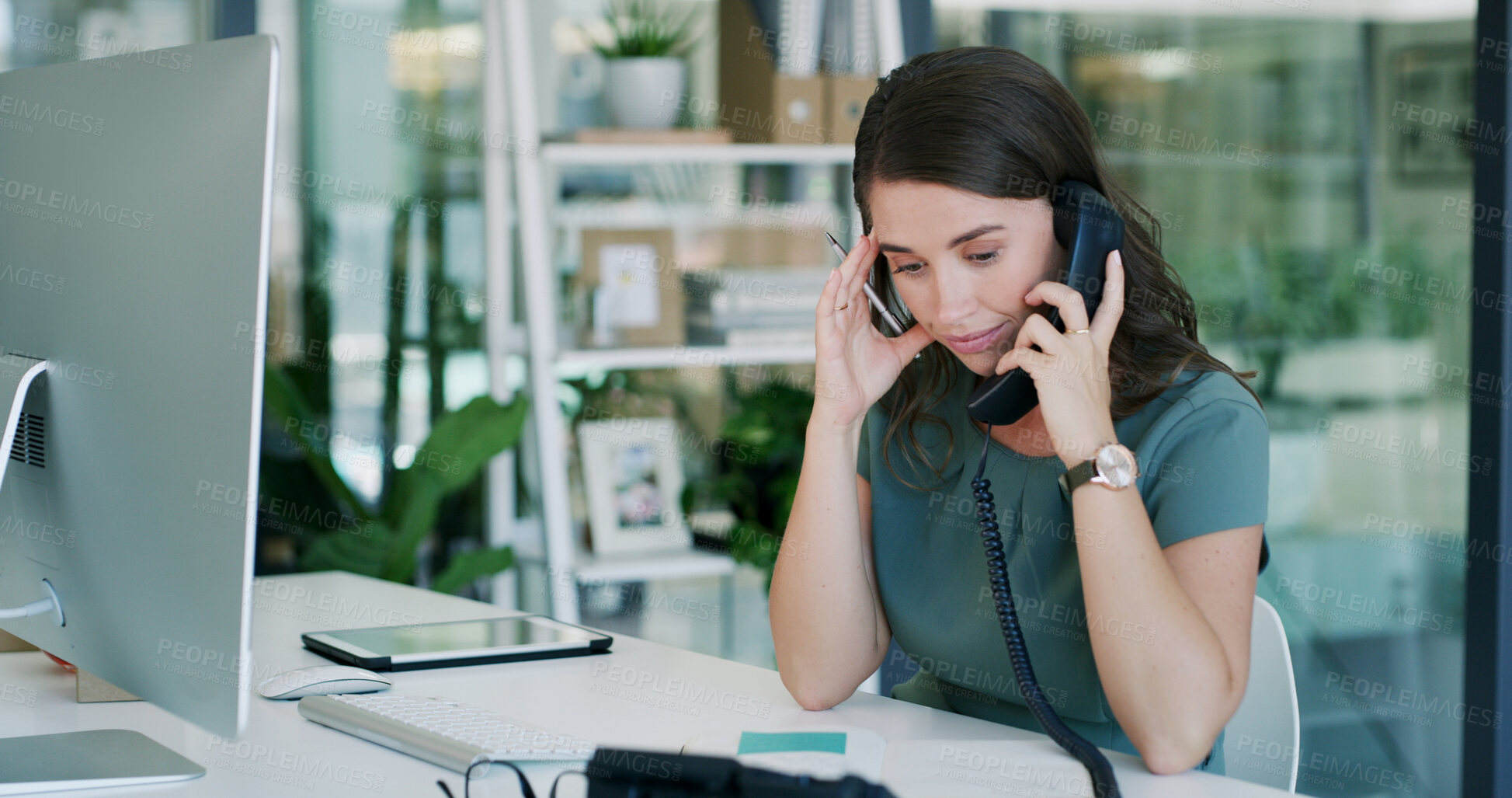 Buy stock photo Telephone call, stress and business woman in office, work pressure or schedule error. Headache, landline or receptionist talk to contact with admin mistake, poor communication or complaint in company