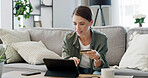 Credit card, tablet and woman on couch for online shopping, internet purchase and student payment. Ecommerce, technology and person in home lounge for application fee, scholarship or college funding