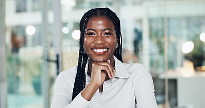 Buy stock photo Portrait, business and black woman with smile in office for career pride, about us and accountant. Happy, female person and confident with ambition, financial advisor and asset management of company